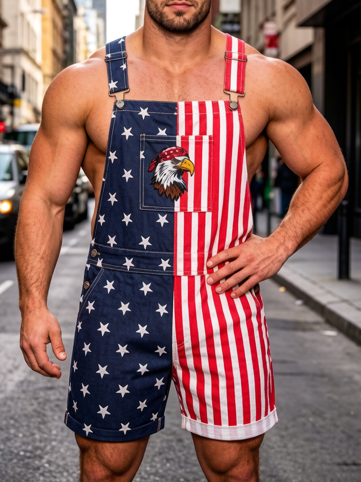 Men's American Flag Star Striped Art Print Denim-Like Shorts Overalls