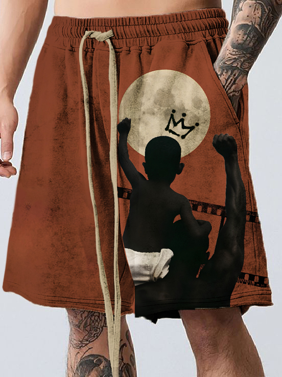 Men's Black And Child Father's Day Print Casual Shorts
