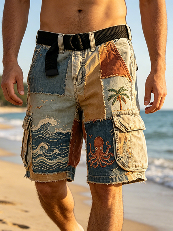 Men's Beach Patchwork Octopus And Palm Tree Art Print Casual Shorts