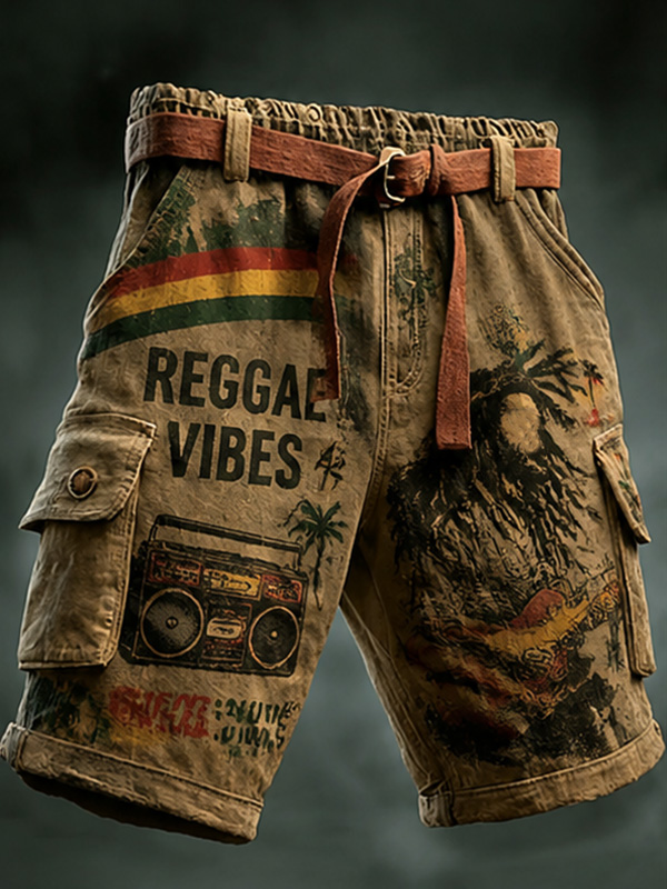 Men's Reggae Vibes Retro Boombox Print Cargo Shorts
