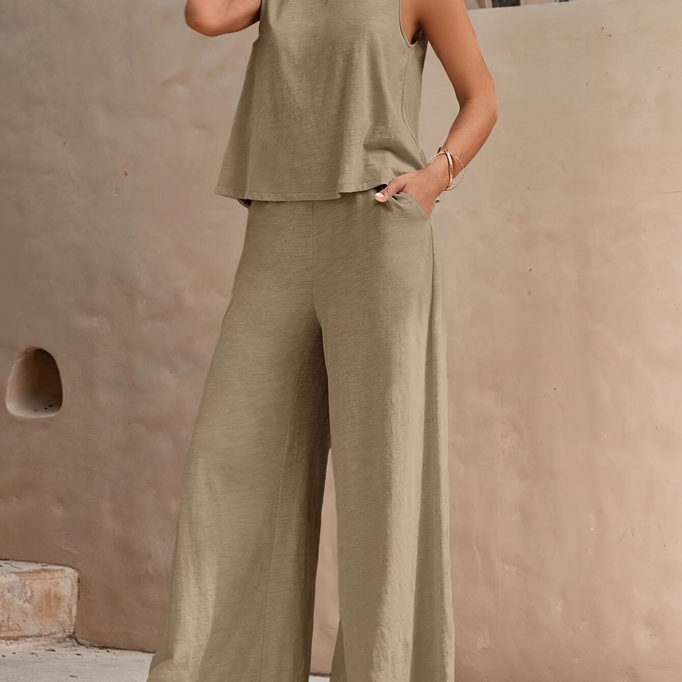 Solid Elegant Two-piece Set, Sleeveless Tank Top & Wide Leg Loose Pants Outfits, Women's Clothing