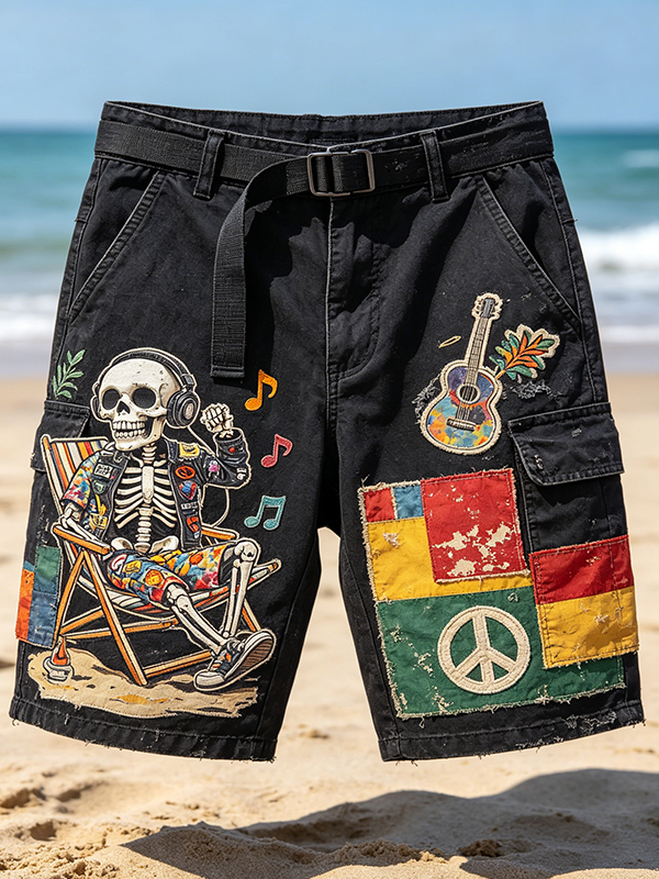 Men's Retro Rock Skeleton Music Patchwork  Art Print Casual Shorts
