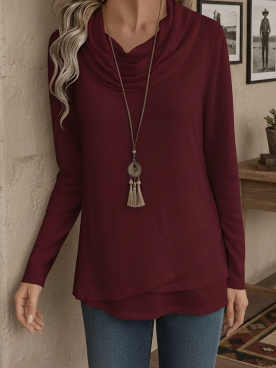 Women's Soft Solid Color Pile Neck Cotton Top