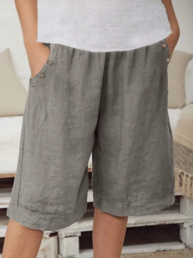Women's Solid Color Buttoned Loose Casual Shorts (With Pockets)