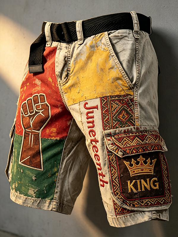 Men's Juneteenth King Patchwork Fist Art Print Casual Shorts