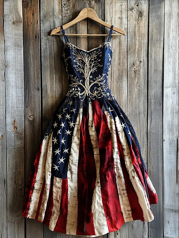 Women's Vintage American Flag Print Cami Midi Dress