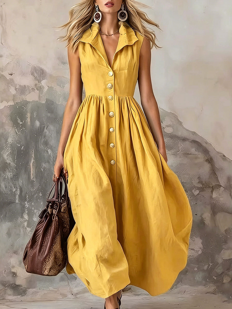 Women's Solid-color Sleeveless Cotton-linen V-neck Flared Dress