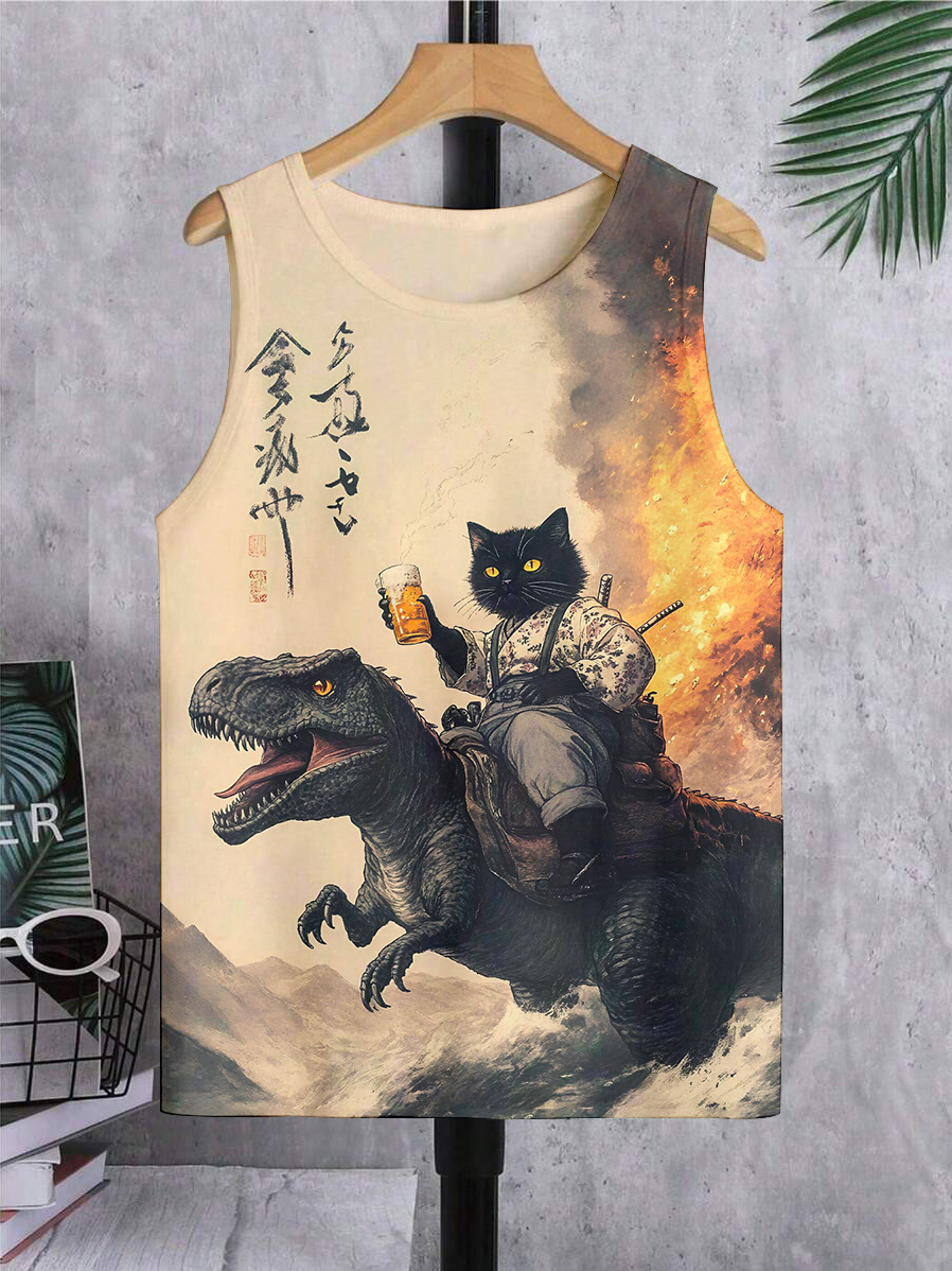 Men's Black Cat Samurai Dinosaur Sea Wave Print Tank Top