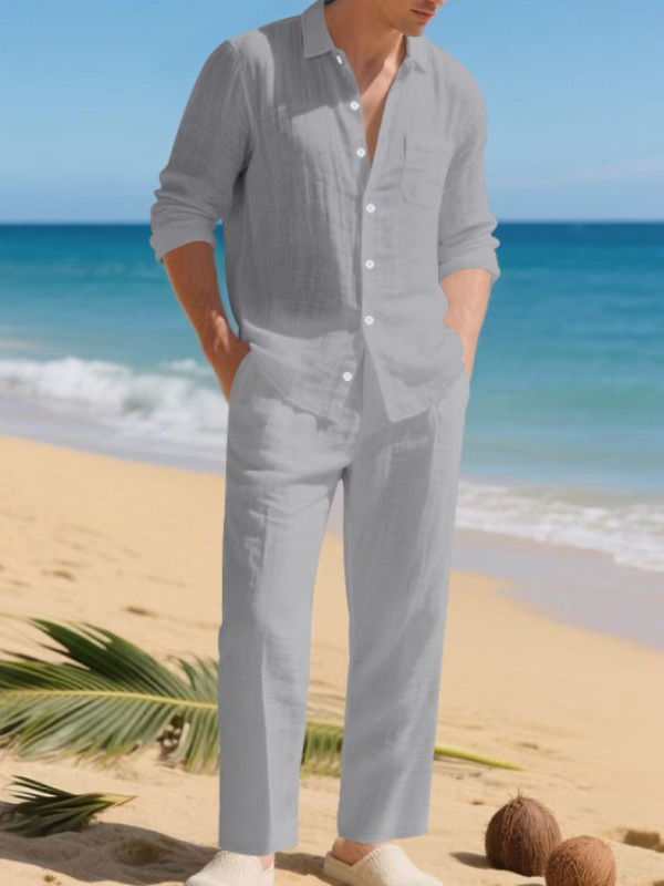 Men's Casual Solid Color Long Sleeve Shirt Straight-Leg Pants 2pcs Set