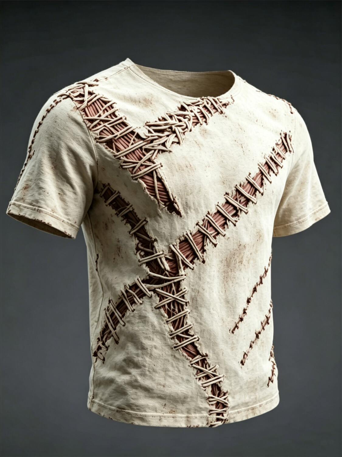 Men's Distressed Cross Woven Stitch Patchwork Print T-Shirt