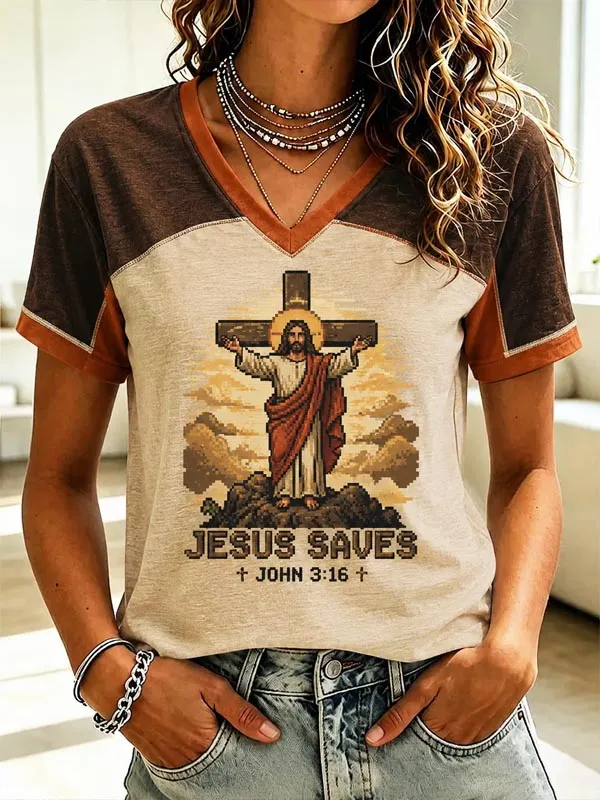 Women's Jesus Saves Pixel Art Print Casual V Neck T-Shirt