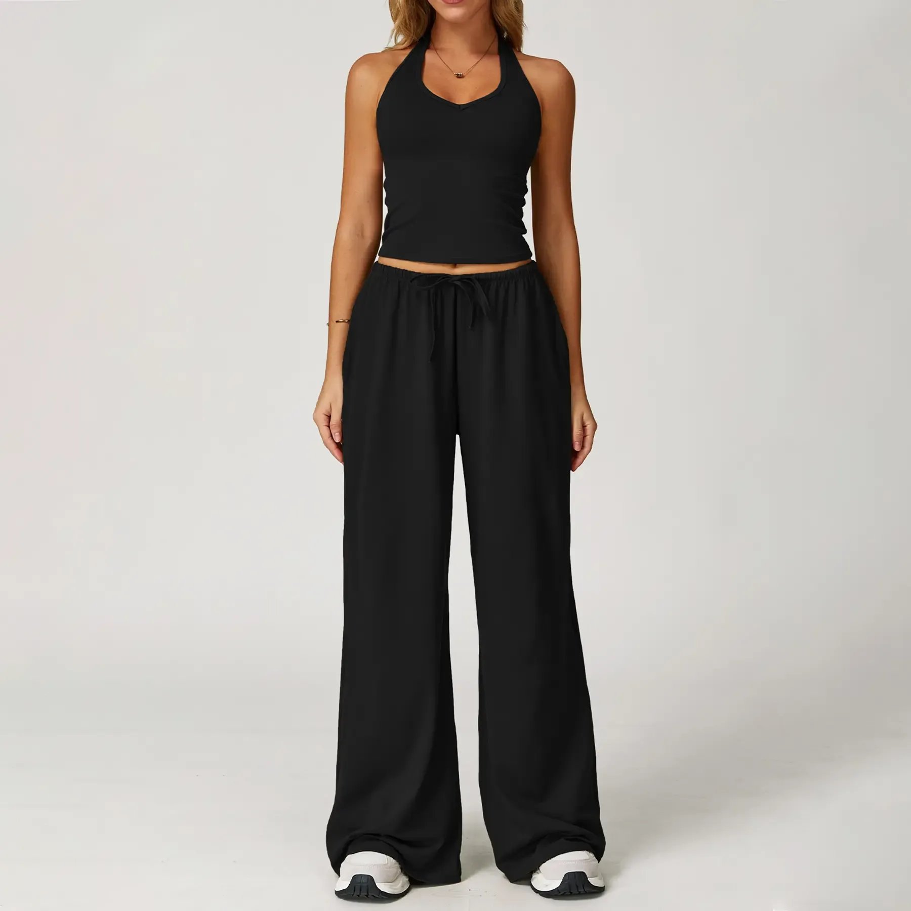 💖Hot 50% OFF✨ Women’s 2-Piece Silk-Like Lounge Set – V-Neck Strappy Top & Wide Leg Pants