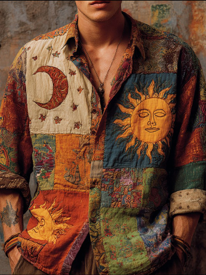 Men's Mystic Sun Moon Star Patchwork Boho Art Print Long Sleeve Shirt
