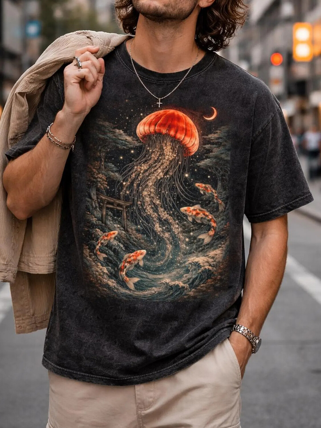 Men's Japanese Style Jellyfish Koi Fish Vintage Art Print T-Shirt