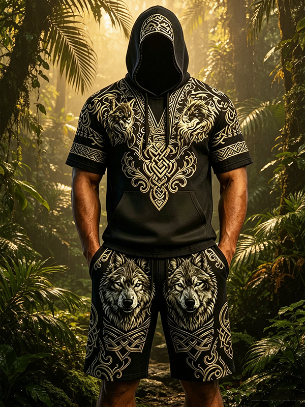 Men's Viking Celtic Knot Wolf Print Casual Hooded T-Shirt Shorts 2pcs Set