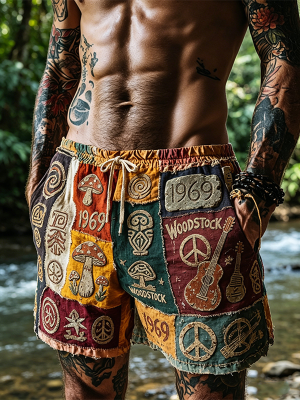 Men's Peace Music Geometry Hippie Art Print Casual Shorts