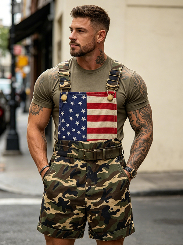 Men's American Flag Camo Print Shorts Overalls