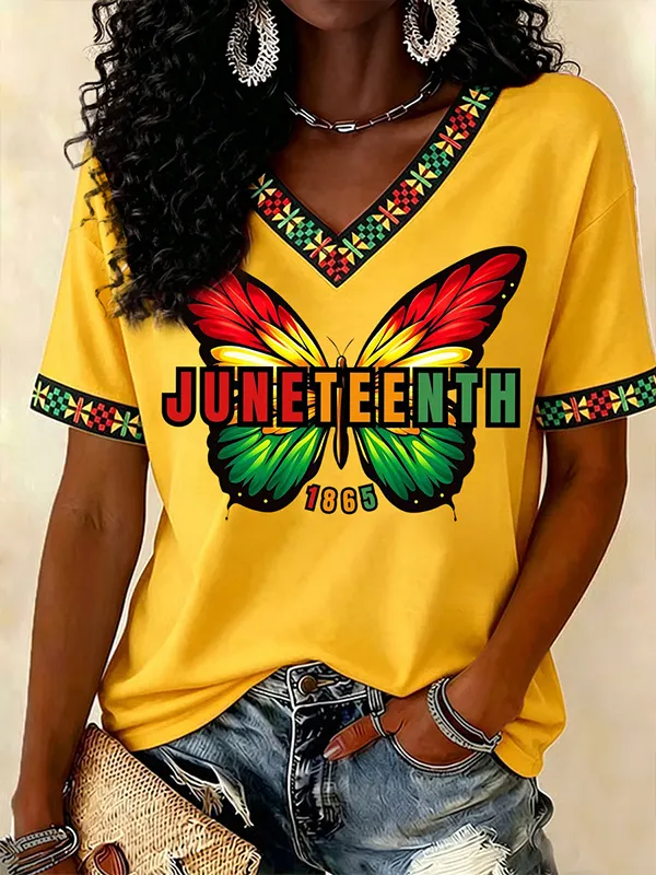 Women's Free Butterfly Juneteenth Print Casual V Neck T-Shirt
