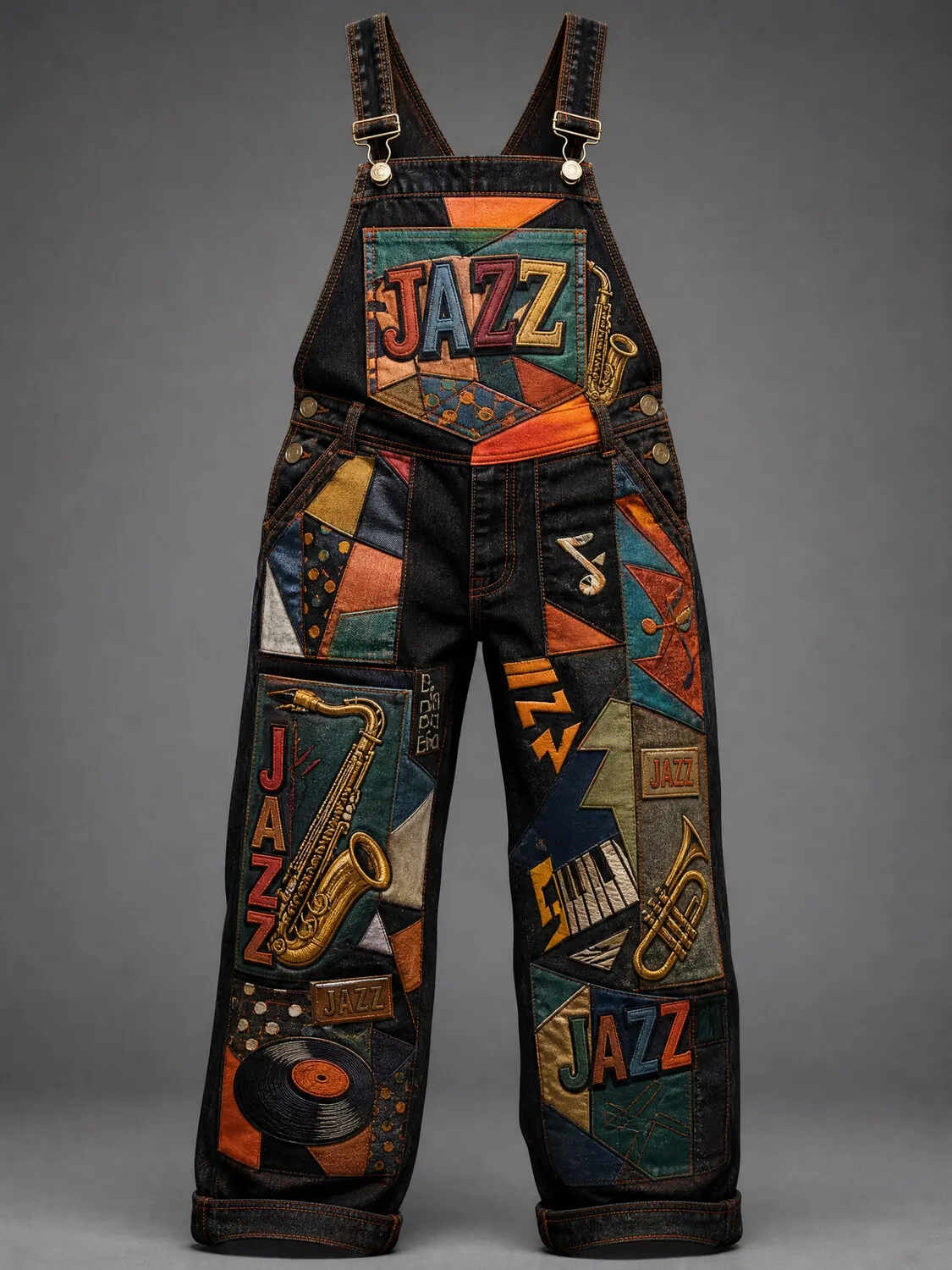 Men's Patchwork Jazz Musical Instrument Print Overalls Jumpsuit