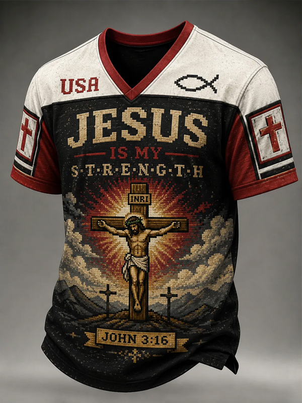Men's Jesus Is My Strength Cross USA Christian Vintage Print T-Shirt