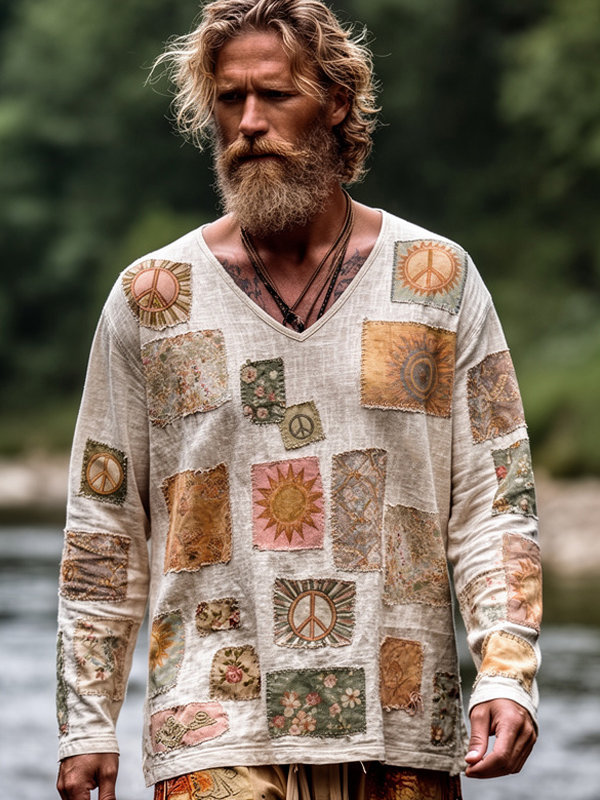 Men's Sun And Peace Symbol Art Print V Neck Long Sleeve T-Shirt