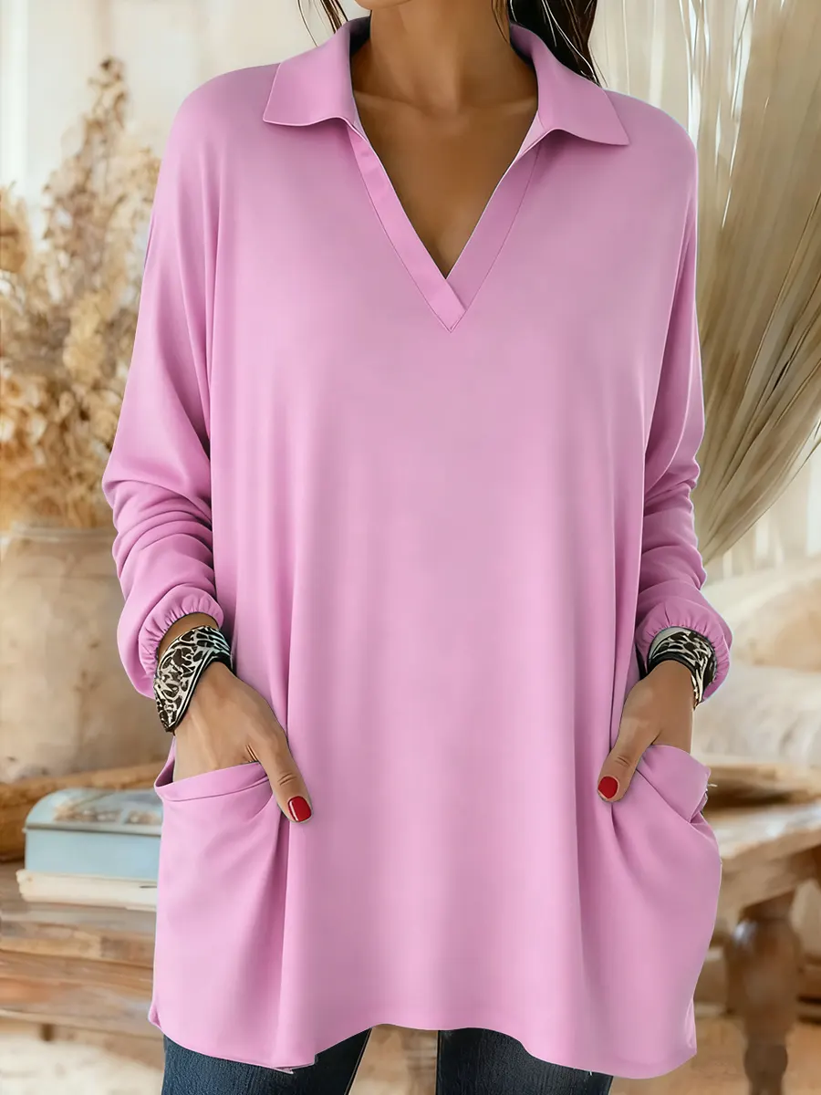 Women's Solid Color V-neck Long Sleeve Casual Loose Cotton Top