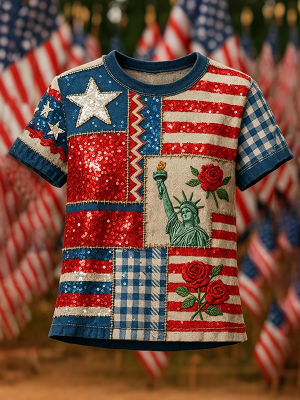 Women's American Flag Patchwork Statue Of Liberty Print Casual T-Shirt
