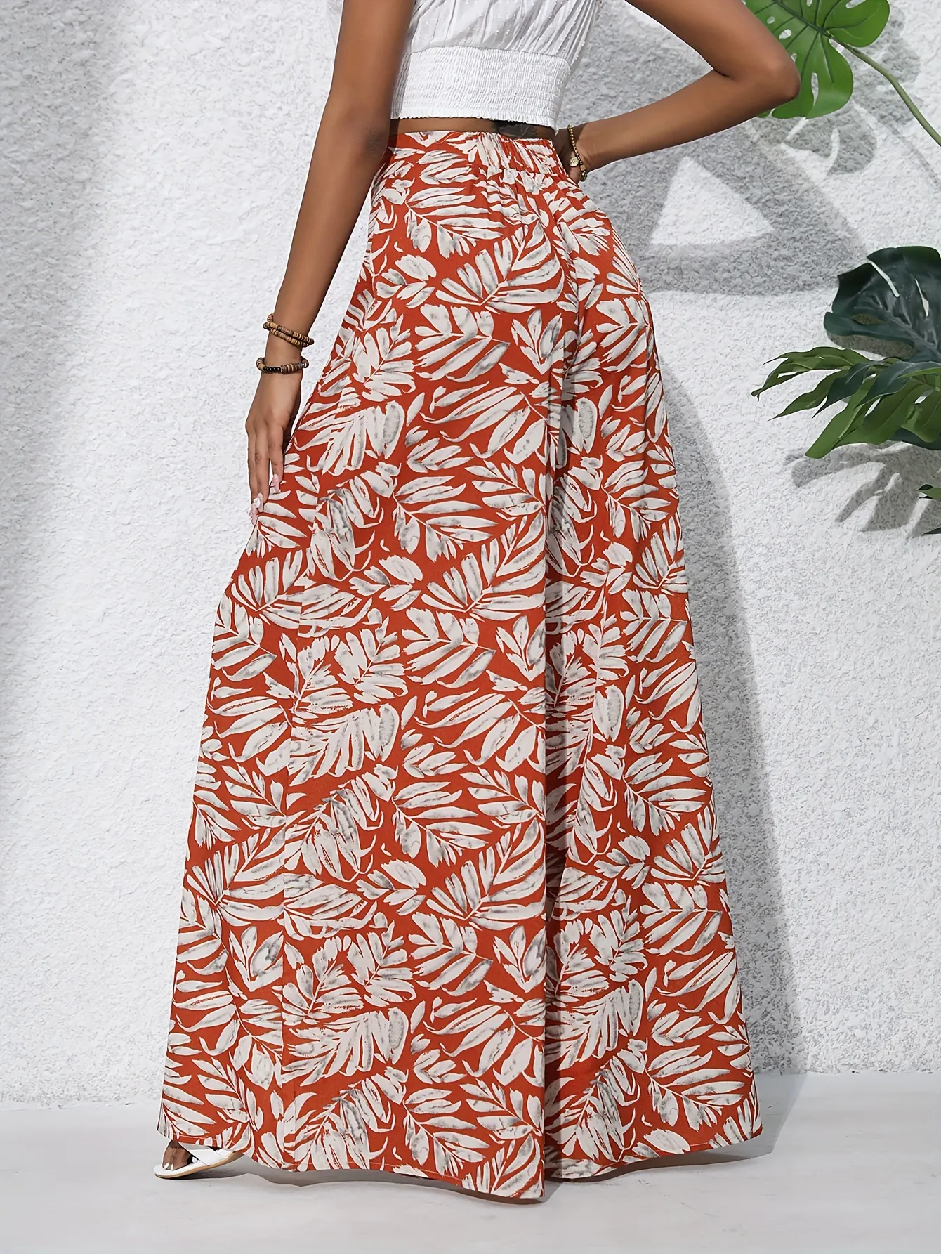 Boho Plants Print Pants, Casual High Waist Elastic Wide Leg Summer Beach Palazzo Pants, Women's Clothing