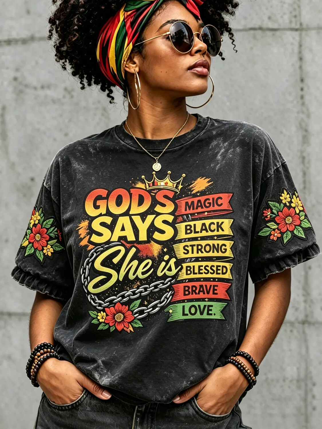 Women's God Says She Is Magic Strong Blessed Brave Love Black Girl Print Casual T-Shirt