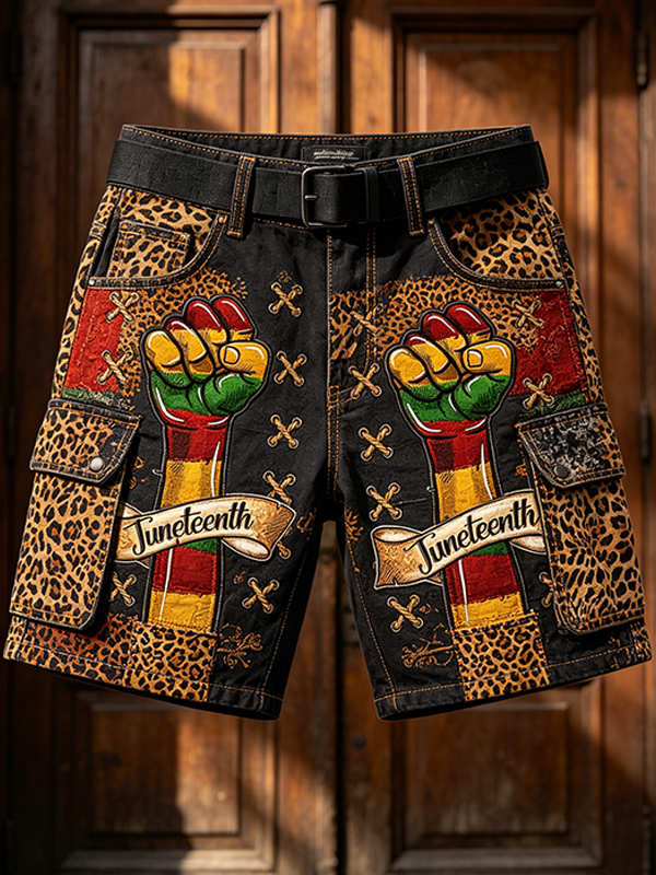 Men's Juneteenth Black Fists Leopard Print Cargo Shorts