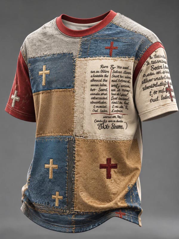 Men's Cross Bible Verse Patchwork Print Casual T-Shirt