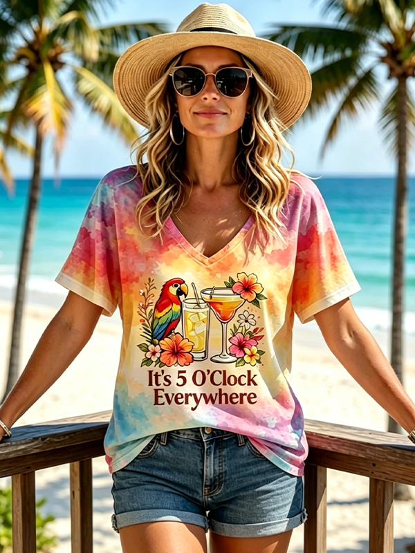 Women's Funny Parrots Alcohol Print Hawaiian Style Casual V Neck T-Shirt