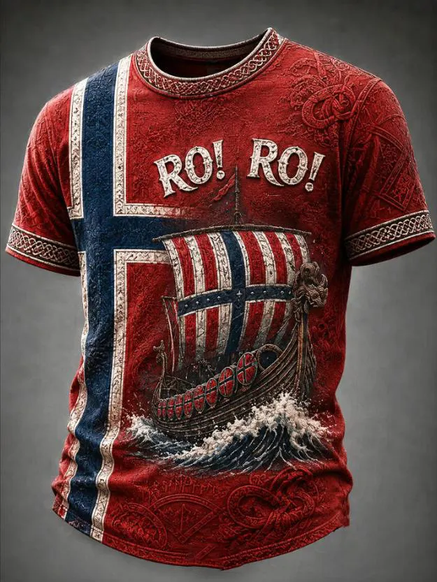Men's Viking Ship Norway Flag Print Casual T-Shirt