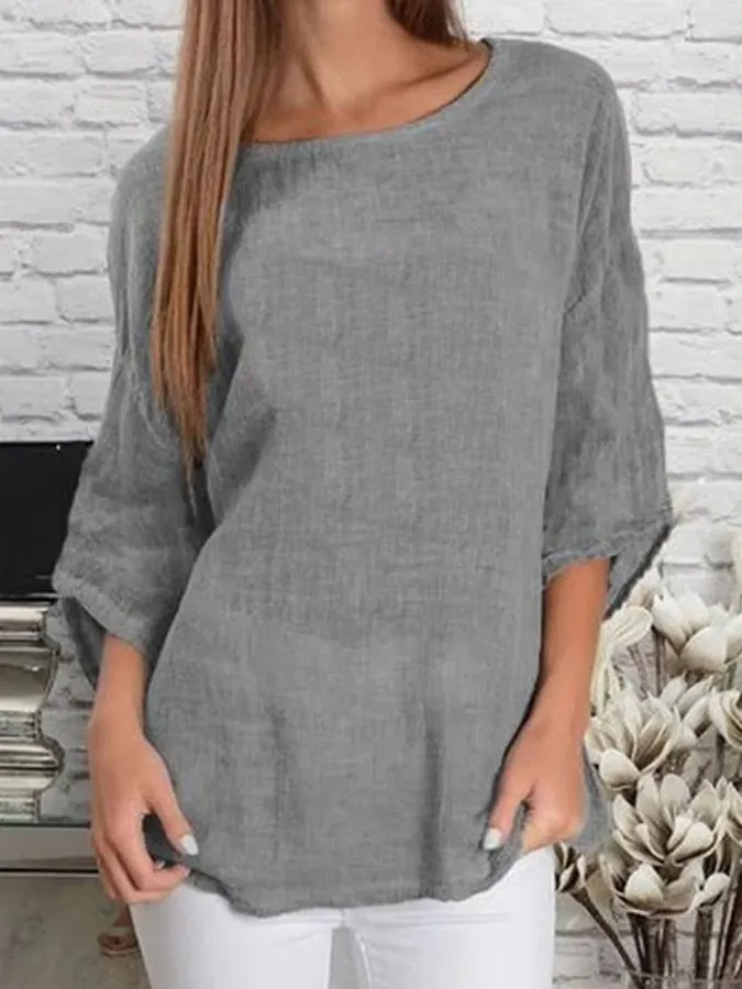 Women's Cotton Linen Round Neck Casual Loose Shirt