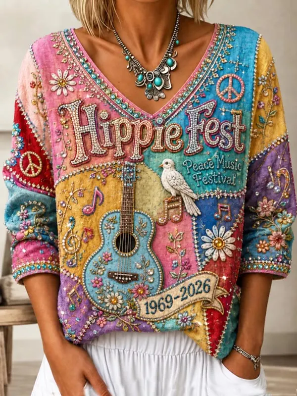Women's Color Block Hippie Fest Guitar Peace Sign Rhinestone Print V Neck Long Sleeve Top
