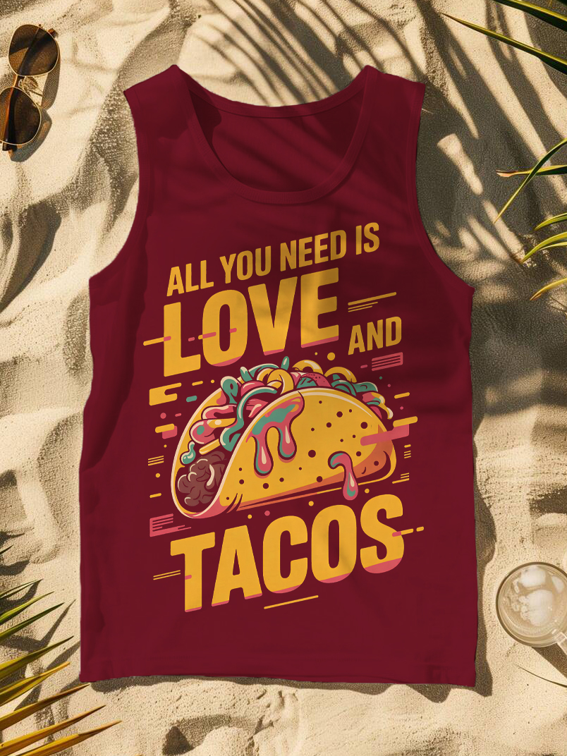 Men's All You Need Is Love And Tacos Print Cotton Tank Top
