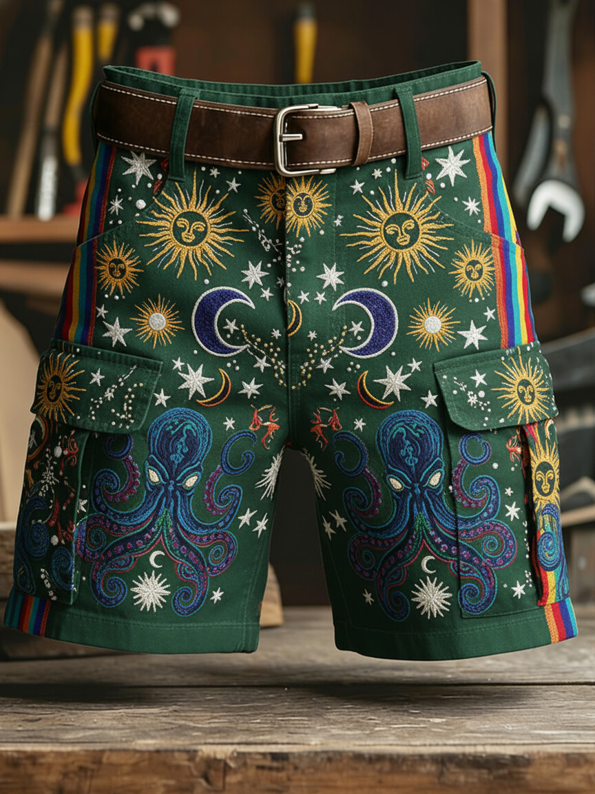 Men's Sun Moon Octopus Boho Art Print Denim-Like Casual Shorts