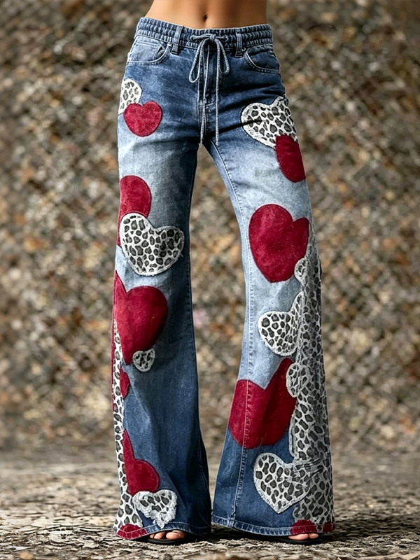 Women's Leopard Heart Patchwork Print Casual Pants