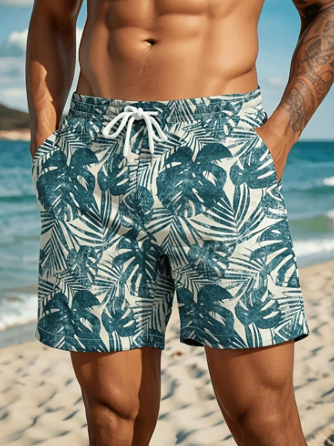 Men's Monstera Leaves Print Vacation Style Casual Shorts