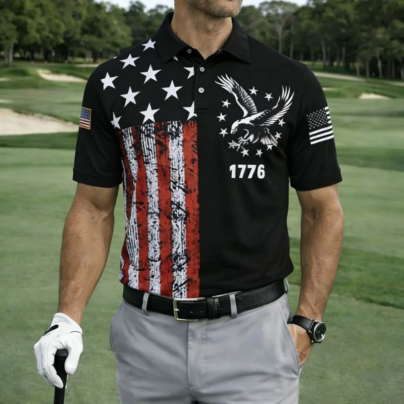 Men's USA Flag Patriotic Golf Polo Shirt | Moisture Wicking American Flag Performance Golf Apparel