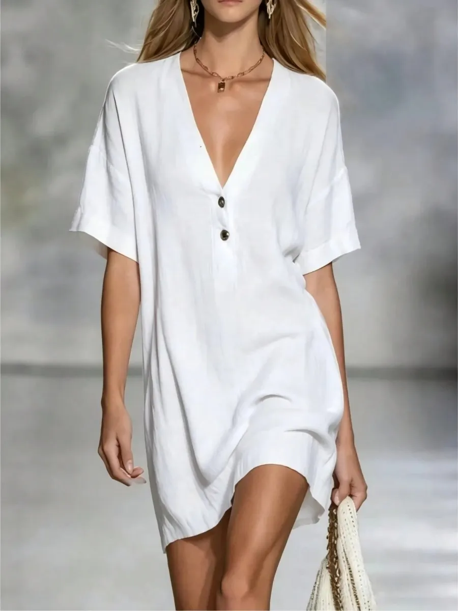 Women'S Dress Casual Loose Fit Short Sleeve Button Front Dress