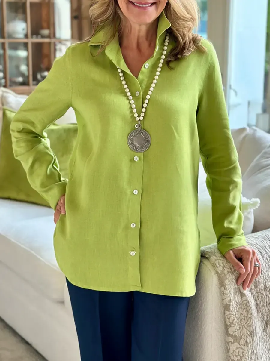 Women's Solid Color Lapel Long-sleeved Casual Loose Cotton Shirt