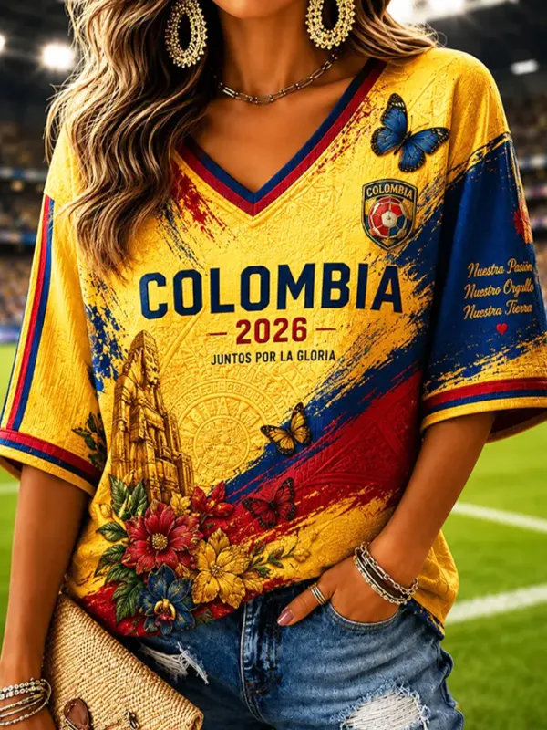 Women's Colombia Football Gradient Floral Butterfly Print Casual V Neck T-Shirt
