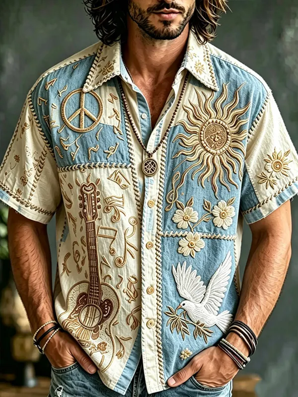 Men's Hippie Sun and Peace Sign Dove Flower Print Short Sleeve Shirt