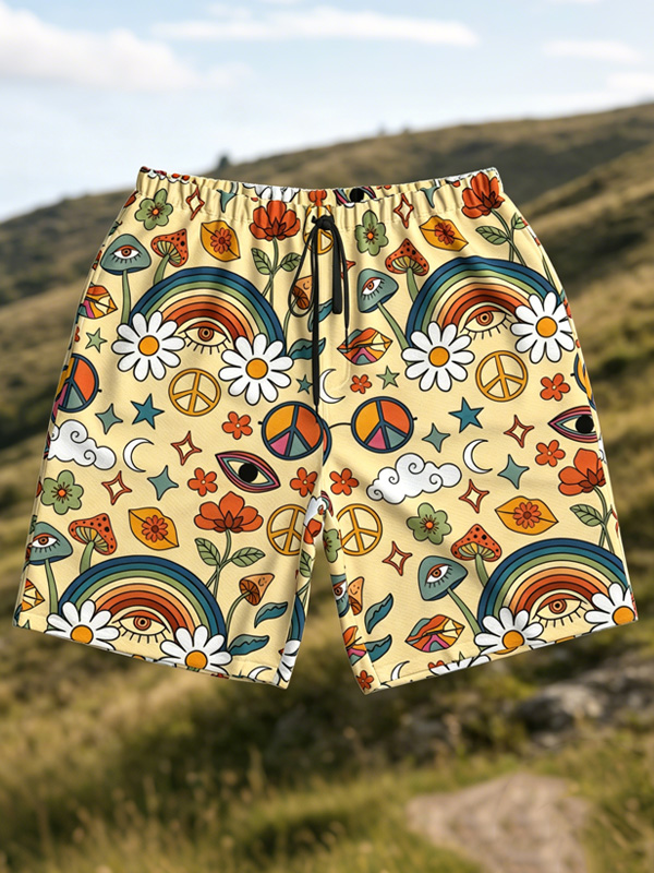 Men's Retro Trippy Groovy Flowers And Eyes Art Print Casual Shorts