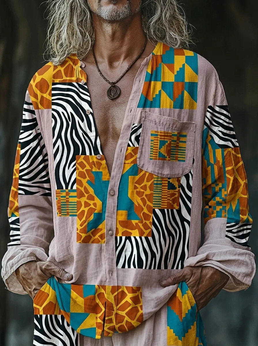 Men's Patchwork Zebra & Giraffe Animal Art Print Long Sleeve Shirt