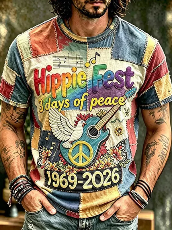 Men's Hippie Fest 3 Days Of Peace Color Block Print Casual T-Shirt