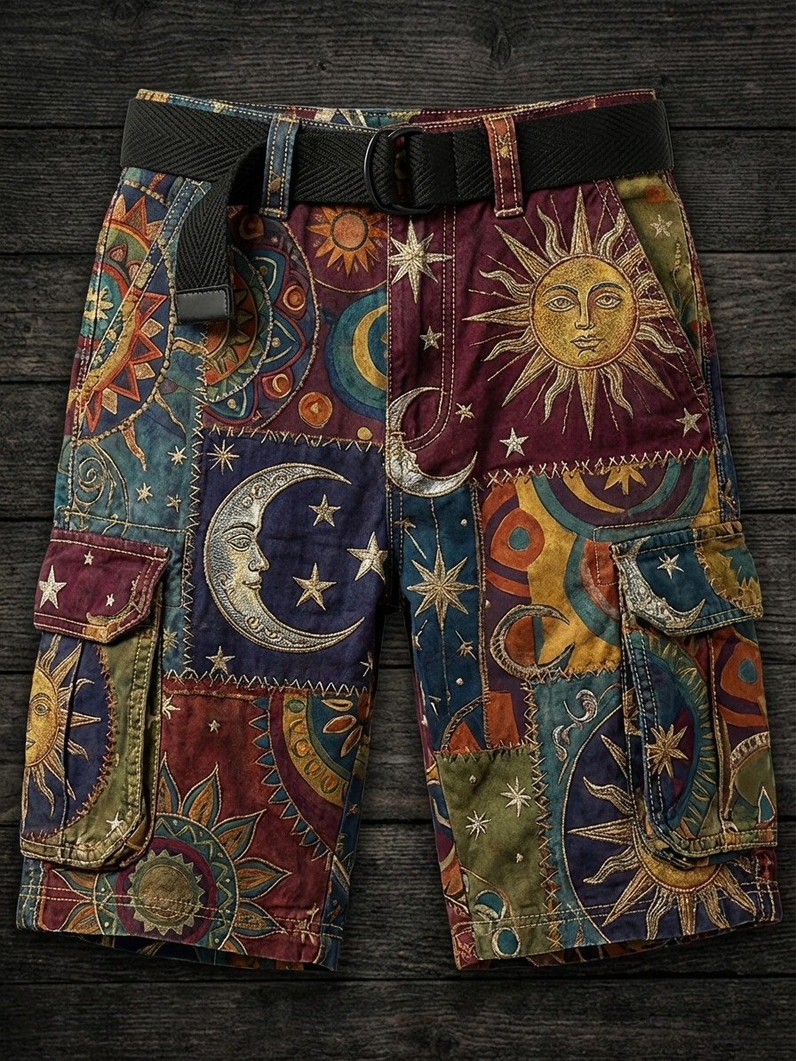 Men's Hippie Art Sun Moon Star All Over Print Denim-Like Cargo Shorts