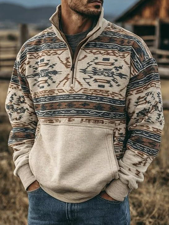 Men's Retro Ethnic Style Geometric Print Quarter Zip Sweatshirt