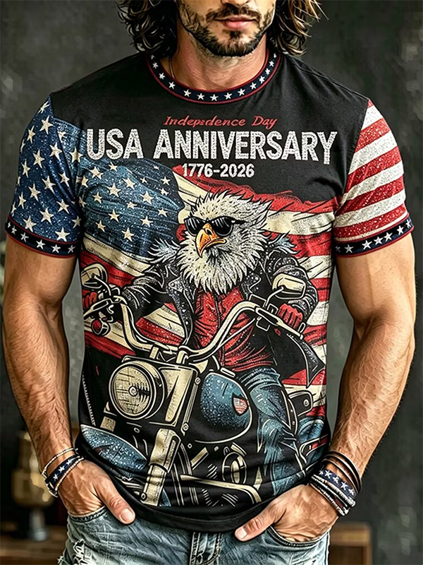 Men's Retro Independence Day USA 1776-2026 Eagle Rider Print T-Shirt